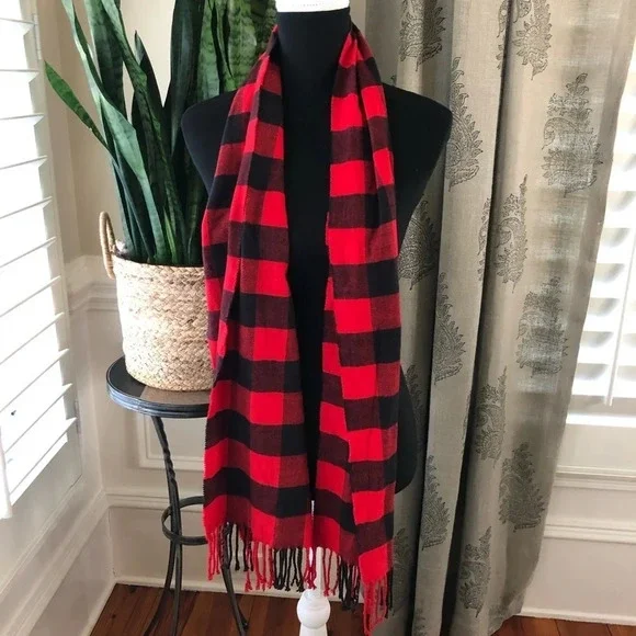 Italy Design Cashmere Blend Buffalo Plaid Check Scarf Fringe Unisex Soft Cozy